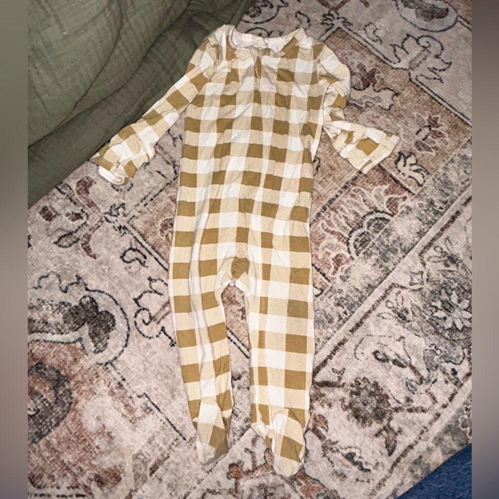 Kate Quinn Checkered Baby Onesie in Tan and Cream